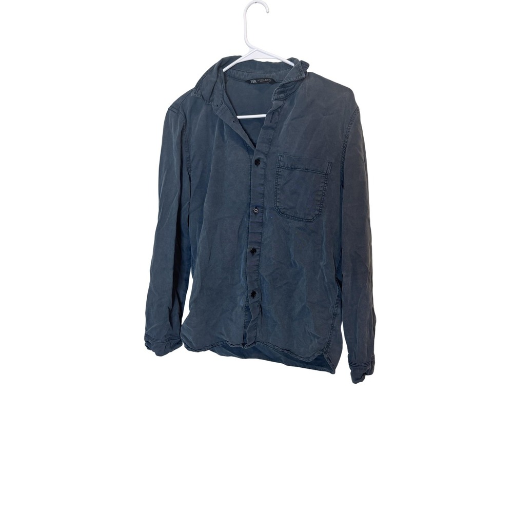 Zara Shirt Mens Small Blue Twill Long Sleeve Button Up Casual Pocket Soft Washed